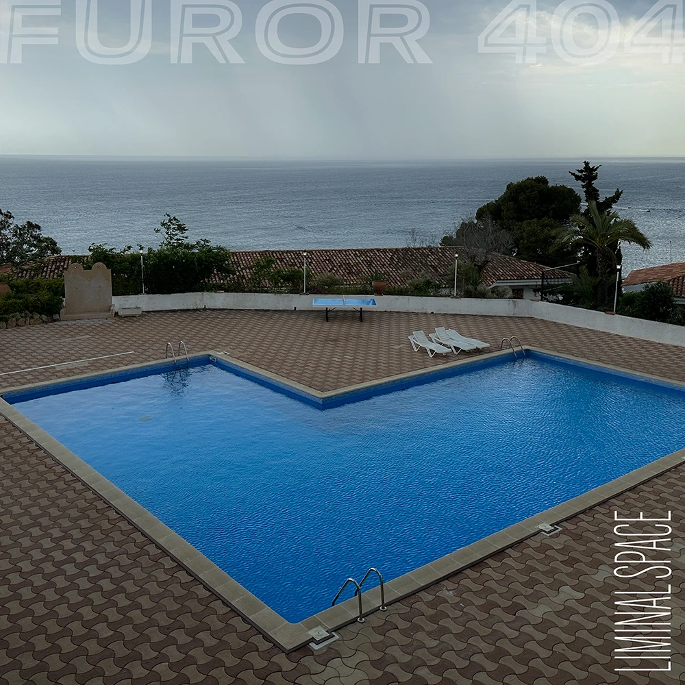 The Cover Art of the Music Album "Liminal Space" by Furor 404 - it shows a uninviting pool on a beach side with cloudy weather